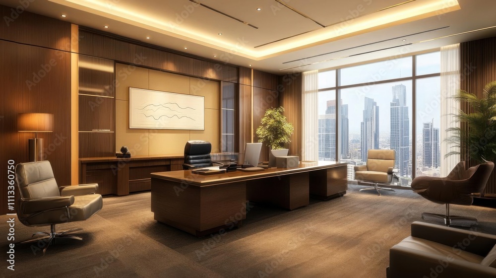 Fototapeta premium Modern Executive Office Design: Luxury Workspace with City Views