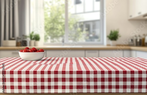 Red checkered tablecloth with bowl of tomatoes in kitchen setting photo