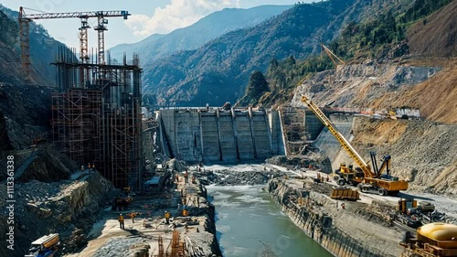 A wide view of a dam being built across a deep valley, with towering scaffolding, concrete mixers, and trucks hauling materials. The riverbed below is diverted by temporary barriers.