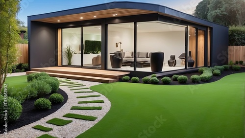 A stunning contemporary garden office building with an artificial grass field and a stone stepping way