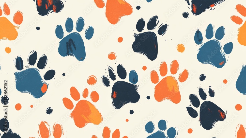 Playful seamless paw prints pattern in various colors on white background with scattered orange circles - whimsical design Playful seamless paw prints pattern in various colors on white background with scattered orange circles - whimsical design