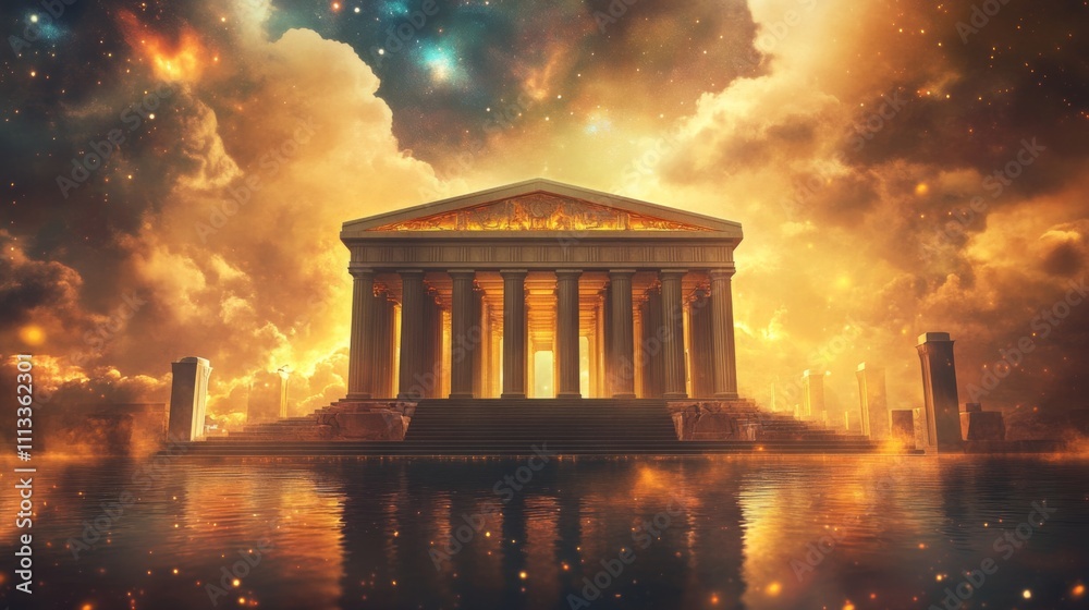 Obraz premium Stunning digital illustration of temple surrounded by mystical glow in tranquil waters, under radiant sky with celestial backdrop