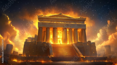 Awe-Inspiring Digitally Illustrated Parthenon Temple in Athens, Greece with Fiery Glow, Starry Sky, and Dramatic Atmosphere