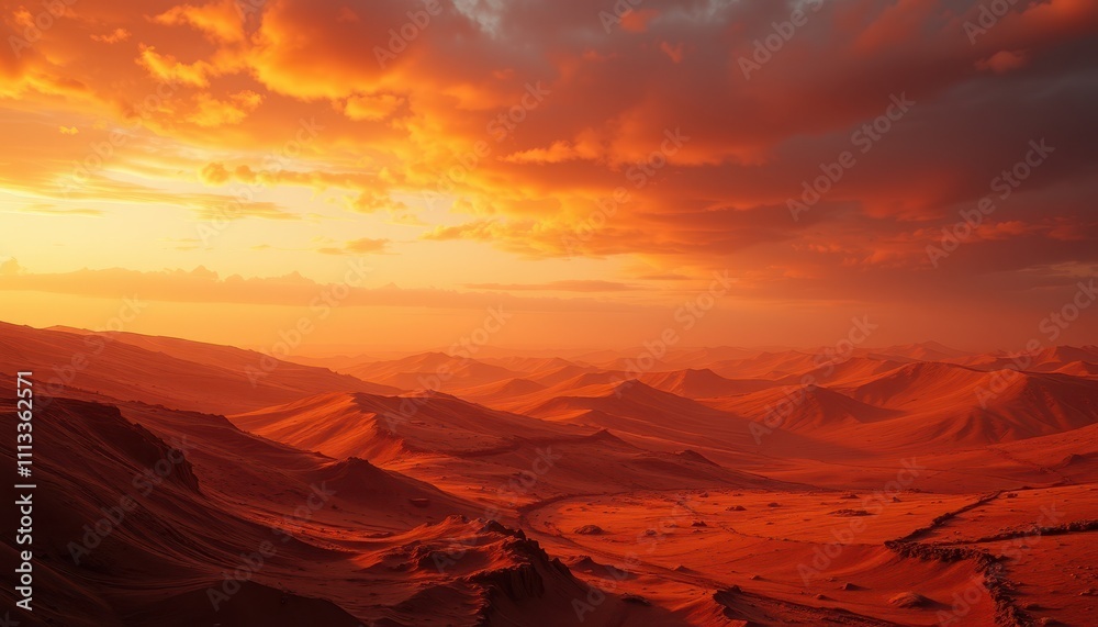 Naklejka premium Fiery Sunset Over Martian Desert Landscape