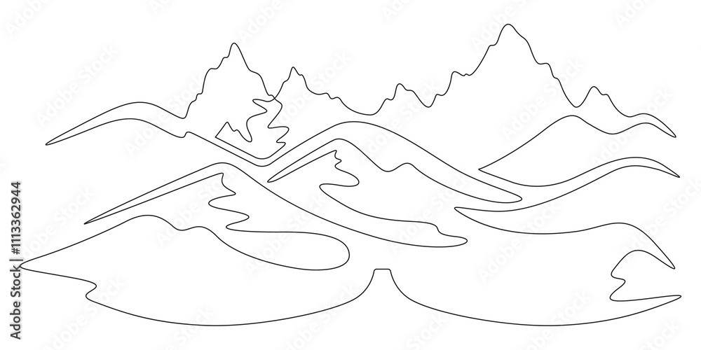 Fototapeta premium Continuous one line drawing Mountain landscape. Minimalistic view of high mountains. Beautiful scenery .One continuous line isolated minimal illustration.Not AI.