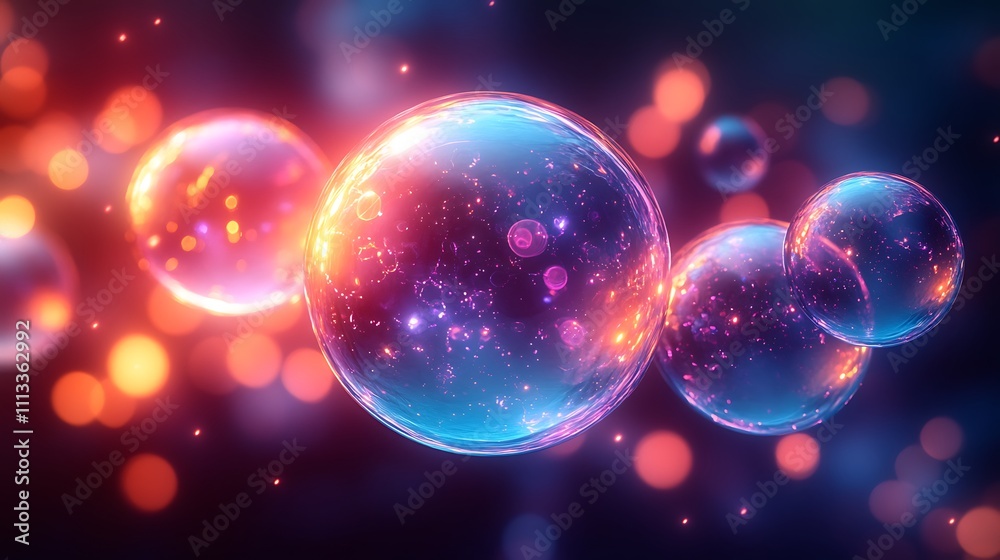 A cluster of glowing translucent bubbles with smooth gradient colors and shimmering highlights for a playful look A cluster of glowing translucent bubbles with smooth gradient colors and shimmering highlights for a playful look