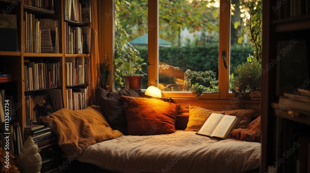 Fototapeta premium A warm ambient glow envelops a cozy reading nook