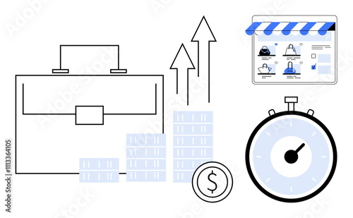 Briefcase, growing bar chart with arrows, dollar coin, stopwatch, and online storefront window. Ideal for business growth, sales increase, e-commerce, time management financial planning startup