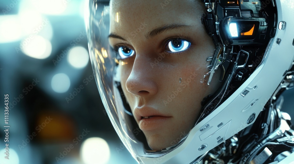 A futuristic portrait of a human-robot hybrid. A futuristic portrait of a human-robot hybrid.