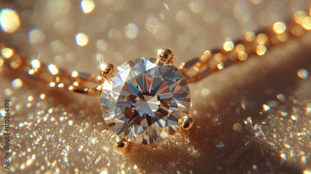 Fototapeta premium Close-up of a sparkling diamond on a gold chain, resting on a shimmering surface.
