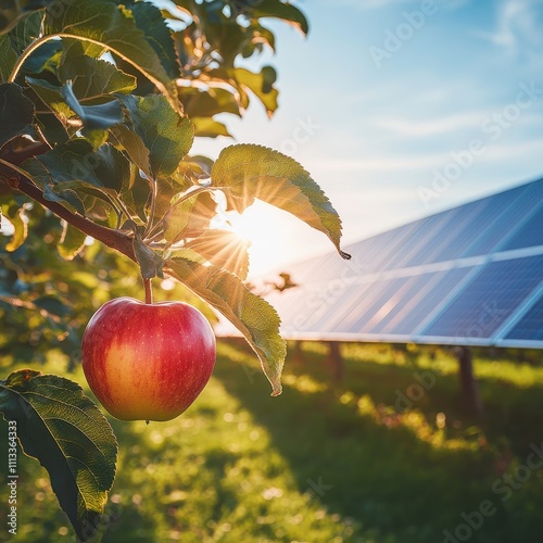 Apple Tree in a Solar Farm at Sunset