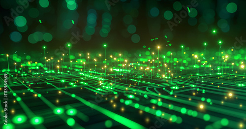 Futuristic Circuit Board with Glowing Green Lines and Data Points