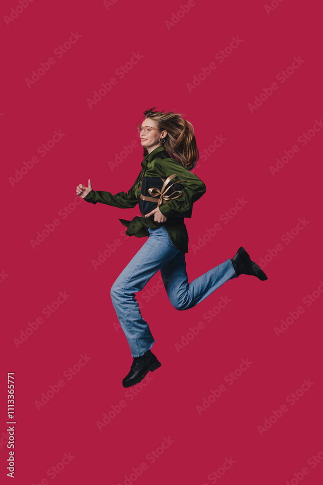 A Dynamic and Energetic Young Woman Running Gracefully in a Stylish Urban Environment