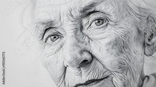Close-up black and white pencil sketch of an elderly woman's face, showing wrinkles and intense gaze.