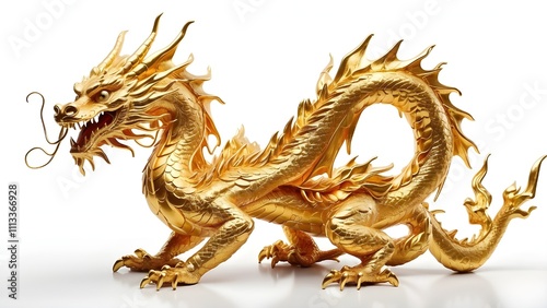 An single golden dragon from China on white. Isolated on white is a golden classic Chinese dragon.