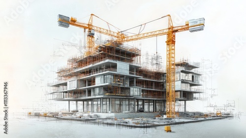 Construction Site with Cranes and Building Framework