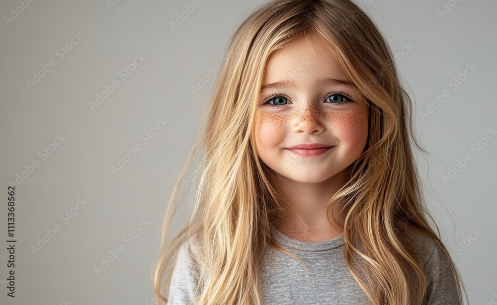 Fototapeta premium A young blonde child with long hair smiles gently, wearing a white shirt, against a neutral light background. The child’s soft expression and natural look create a warm, calm atmosphere.