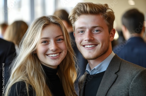 Two teen man and woman businesspeople are smiling and conversing at a corporate event, both wearing lanyards exhibition card. The background is blurred of trade show event.