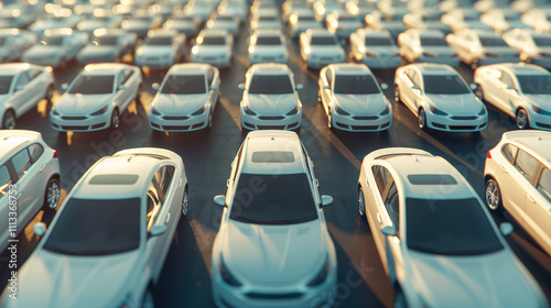 A parking lot filled with rows of used cars, focusing on the dealership and rental industry, highlighting the thriving automotive business and transportation market. The growing automotive market.