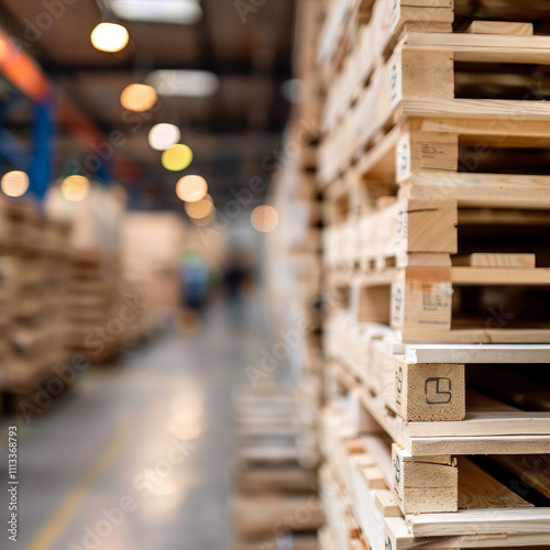 Warehouse interior showcasing a full supply chain system with stacked wood pallets. The role of sustainability in modern logistics and eco-friendly practices for efficient storage and transportation.