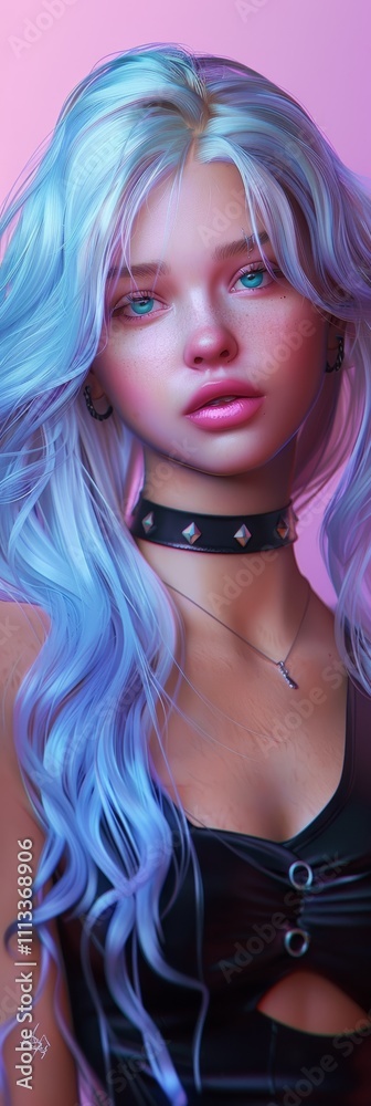 A striking portrait of a woman with long blue hair, illuminated by dramatic red and blue lighting. Her calm expression and detailed features evoke a futuristic and bold aesthetic. A striking portrait of a woman with long blue hair, illuminated by dramatic red and blue lighting. Her calm expression and detailed features evoke a futuristic and bold aesthetic.