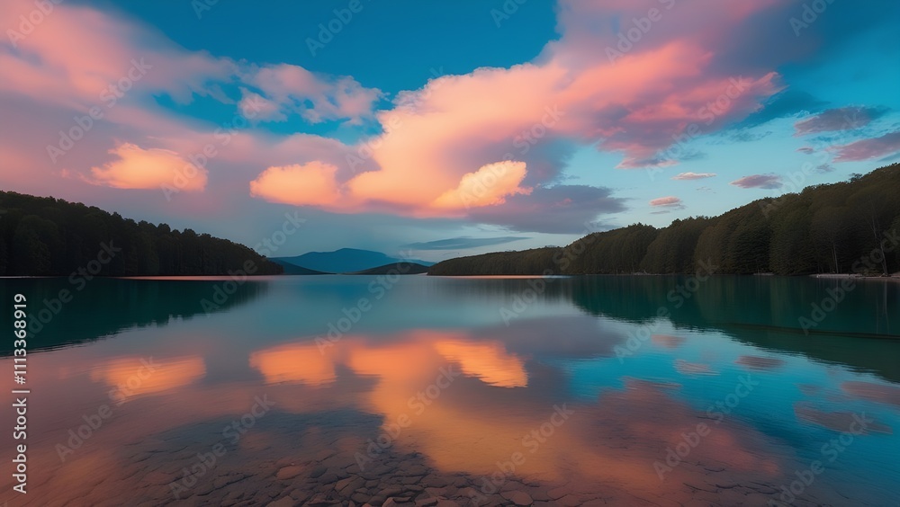Fototapeta premium Crystal-Clear Lake Under Pastel-Toned Cloud Sky