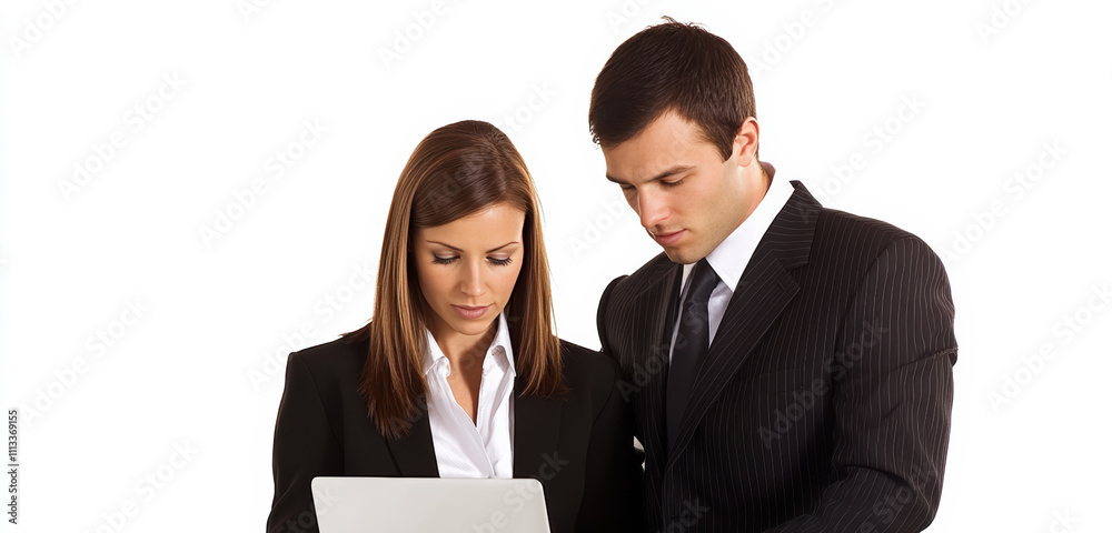 a businessman and businesswoman reviewing content on a laptop, portraying focus, professionalism, and teamwork. It is perfect for corporate marketing and business presentations. a businessman and businesswoman reviewing content on a laptop, portraying focus, professionalism, and teamwork. It is perfect for corporate marketing and business presentations.