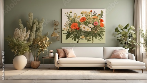 3D model of a light olive green space with lots of flowers and plants, a white couch, and an artwork canvas photo