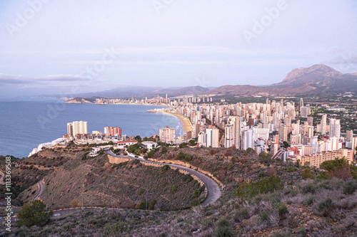 Obraz na płótnie Panorama in the Sunrise on a clear day over Benidorm in Spain from the Mirador de la Cruz. w salonie