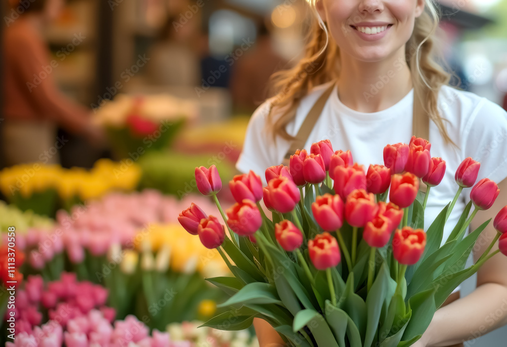 Fototapeta premium Vibrant tulips for sale at bustling flower market