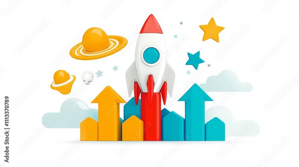 Fototapeta premium tech-driven growth concept. Rocket launching with colorful planets and arrows indicating growth.