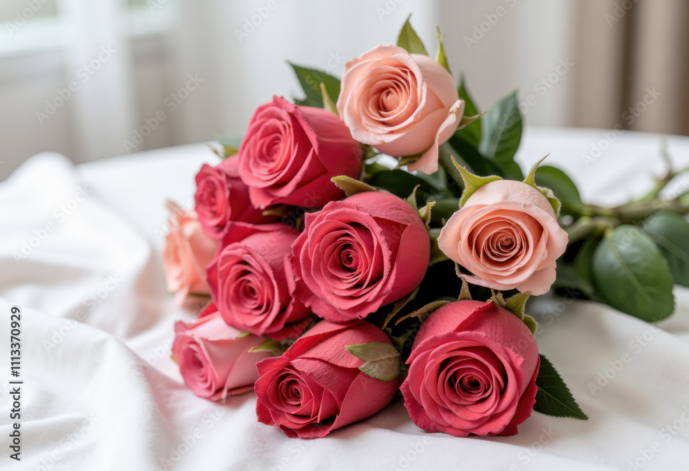 Obraz premium Elegant bouquet of pink and red roses on white fabric for romantic occasions and home decor