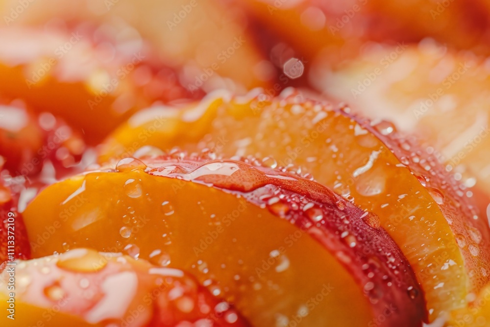 Close-up of Juicy Peach Slices with Water Droplets Close-up of Juicy Peach Slices with Water Droplets