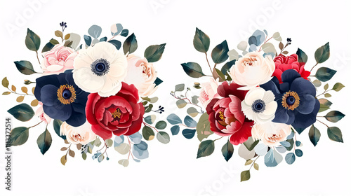 Bouquets of Various Flowers: Vector design elements including rose, peony, anemone, camellia, and brunia flowers with eucalyptus leaves. photo