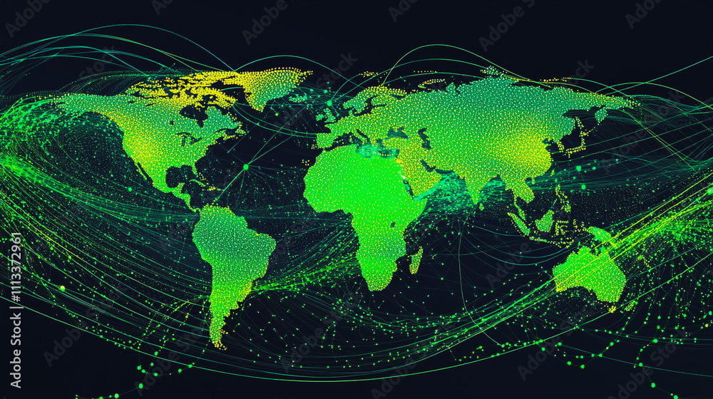 abstract business connection of line from nail node to node on world map background Innovation network points Earth's surface