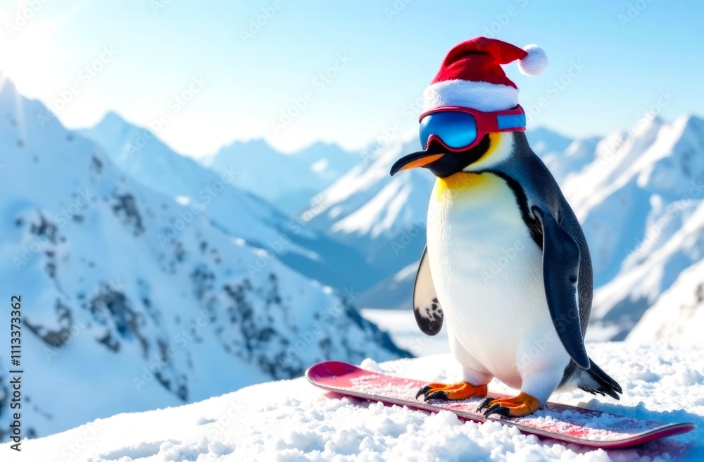 Obraz premium Penguin on Snowboard. Penguin in Santa Claus hat and ski mask, Snowy Mountains in the background. Concept Winter Sports and Active Recreation in the Mountains. Copy Space