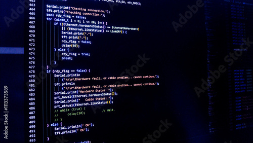 Programming code on a computer screen. Source code photo. Embedded System Technology background. 