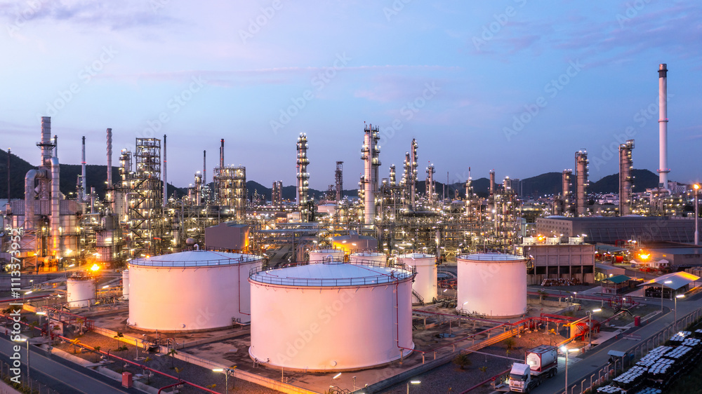 Aerial view oil and gas refinery industry plant, Oil and gas petrochemical industrial storage tank refinery plant, Industry Oil refinery oil and gas refinery factory power and fuel energy.