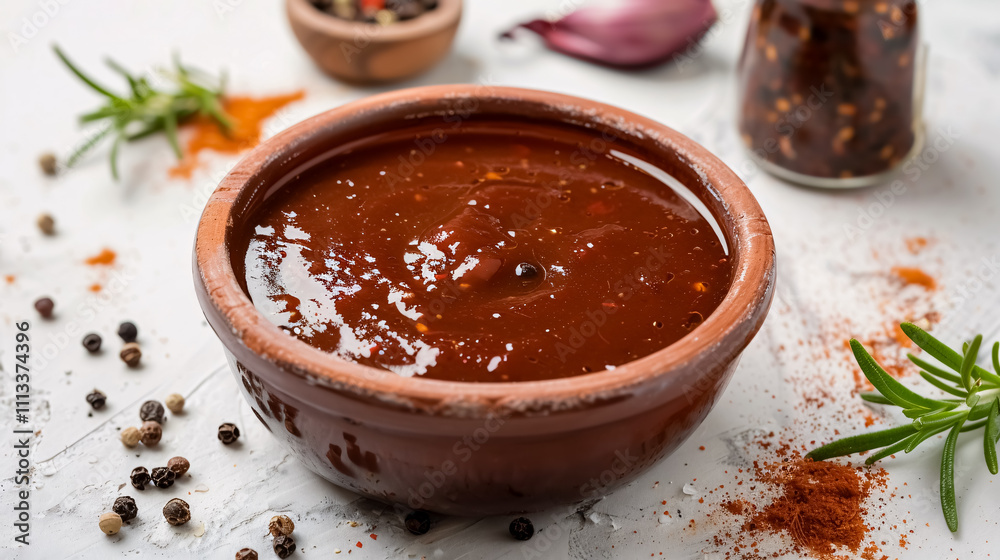 Bowl of Tasty Chipotle Sauce and Spices: A bowl of chipotle sauce with accompanying spices on a light background, highlighting flavor and culinary details. Bowl of Tasty Chipotle Sauce and Spices: A bowl of chipotle sauce with accompanying spices on a light background, highlighting flavor and culinary details.