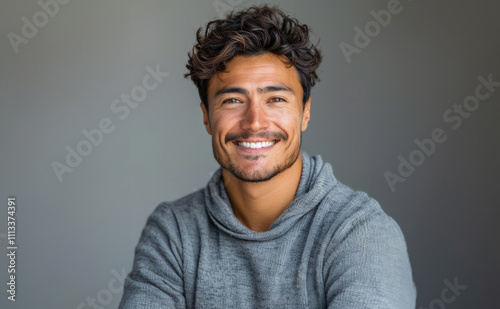 Caucasian adult man in his 20s to 40s in simple, professional clothing stand confidently against a white gray backdrop, radiating a relaxed and approachable vibe