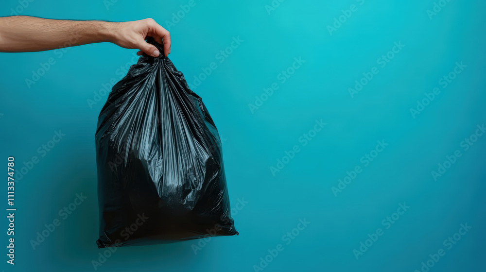 Hand Holding Black Garbage Bag Against Solid Turquoise Background Showing Waste Disposal Concept and Environmental Responsibility Hand Holding Black Garbage Bag Against Solid Turquoise Background Showing Waste Disposal Concept and Environmental Responsibility