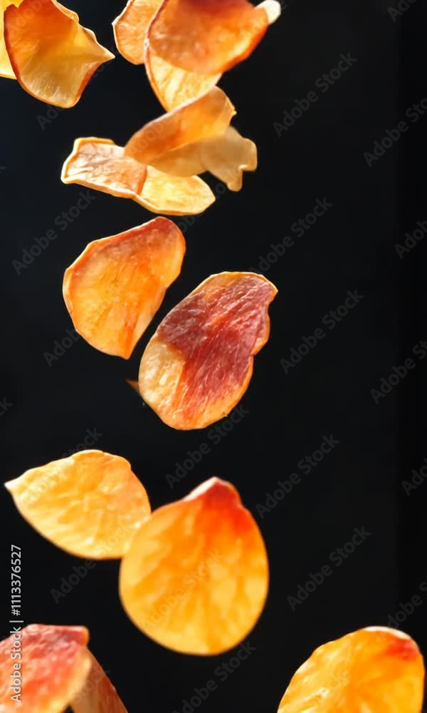 A collection of dried petals suspended against a dark background, showcasing their texture and color. A collection of dried petals suspended against a dark background, showcasing their texture and color.