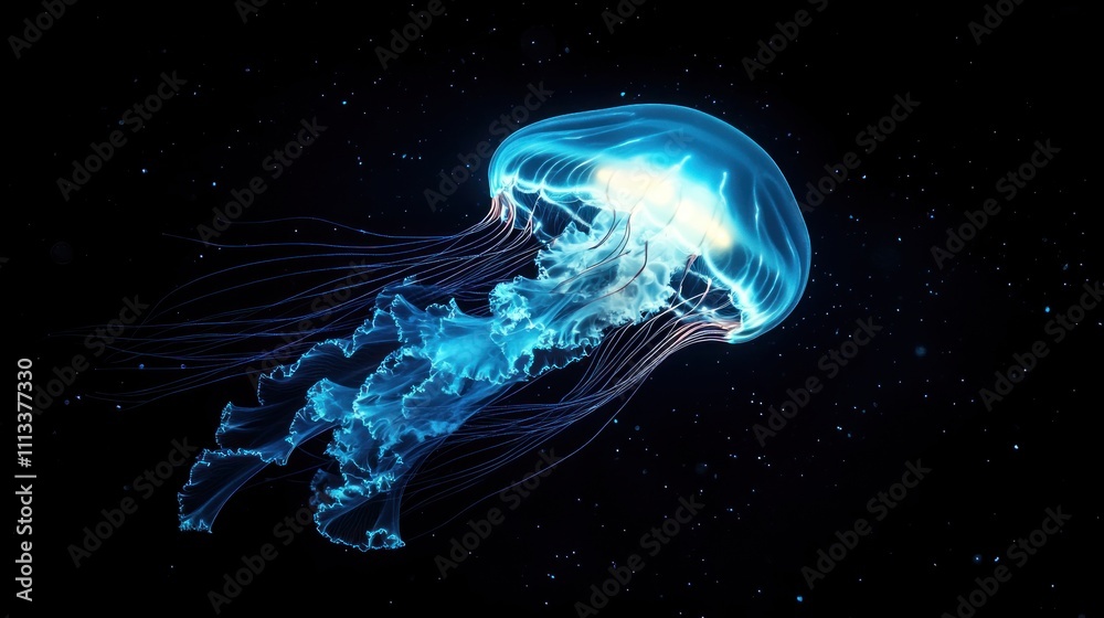 A glowing electric jellyfish floating in a dark ocean. A glowing electric jellyfish floating in a dark ocean.