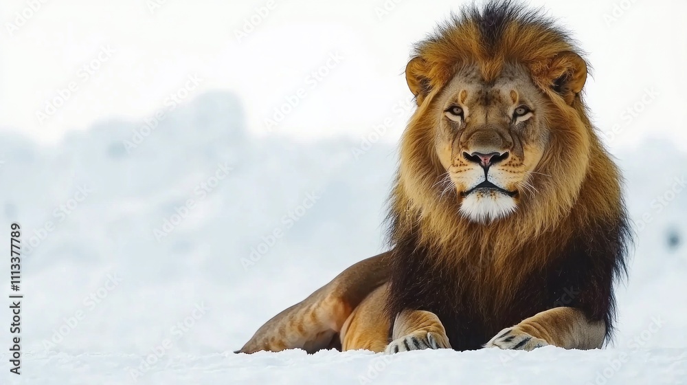 Naklejka premium Majestic Male Lion in Snowy Landscape Winter Wildlife