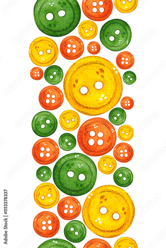 Fototapeta premium Vertical border of colored buttons on a white background. Watercolor illustration hand drawn in cartoon style. Drawing for textiles, paper, cards. buttons, tailor, seamstress, clothes, sewing, hobby, 