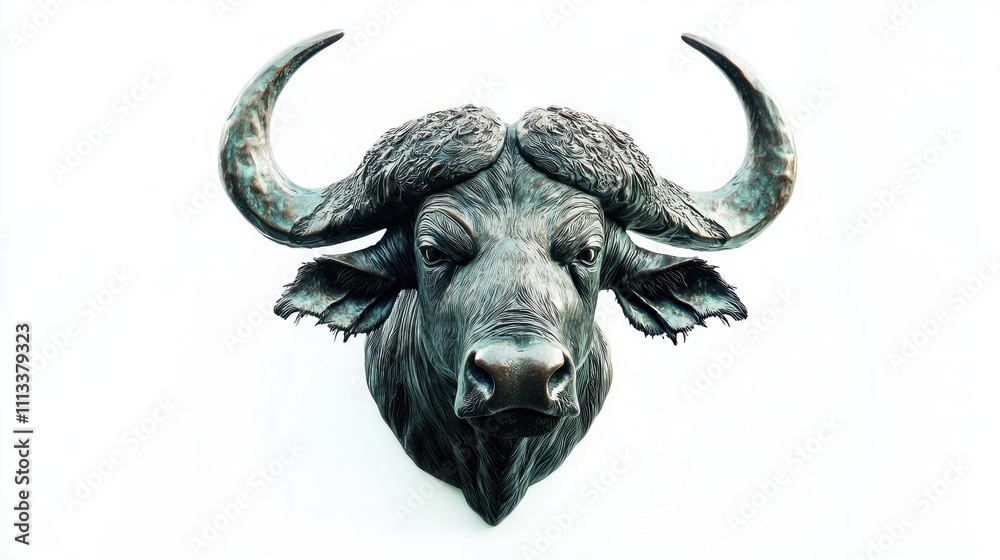 Naklejka premium Majestic Bronze Cape Buffalo Sculpture Animal Head Wall Decor Wildlife Art