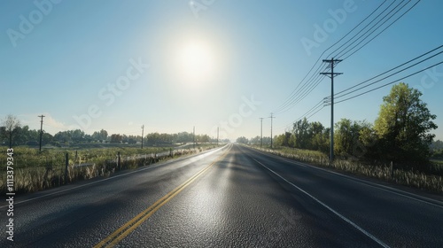 Scenic deserted highway journey under midday sun rural landscape photography bright conditions captivating perspective