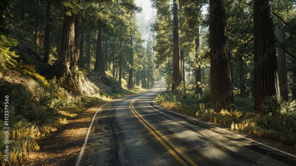 Scenic highway journey through majestic redwood forest nature landscape photography tranquil environment serene viewpoint Scenic highway journey through majestic redwood forest nature landscape photography tranquil environment serene viewpoint