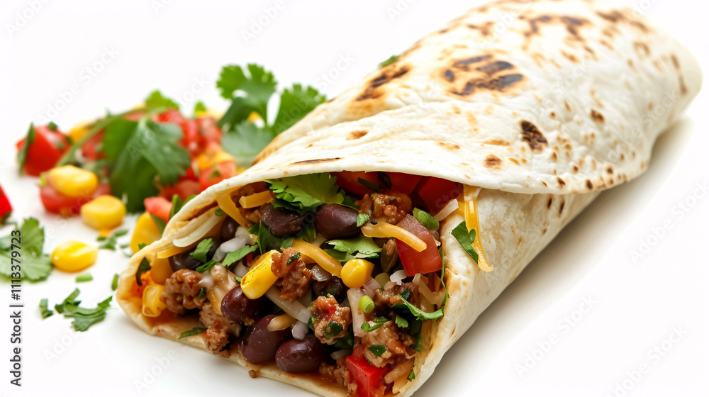 Burrito: Burrito with a large tortilla wrapped around a filling of meat, beans, rice, and toppings on a white background. Burrito: Burrito with a large tortilla wrapped around a filling of meat, beans, rice, and toppings on a white background.