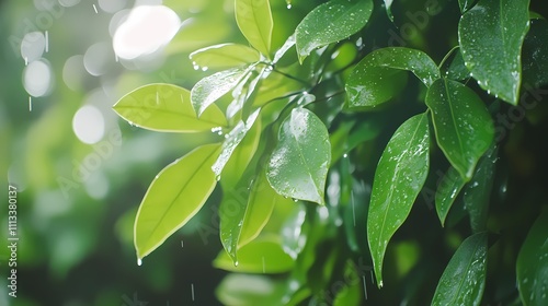 Rain drops on vibrant green leaves. photo